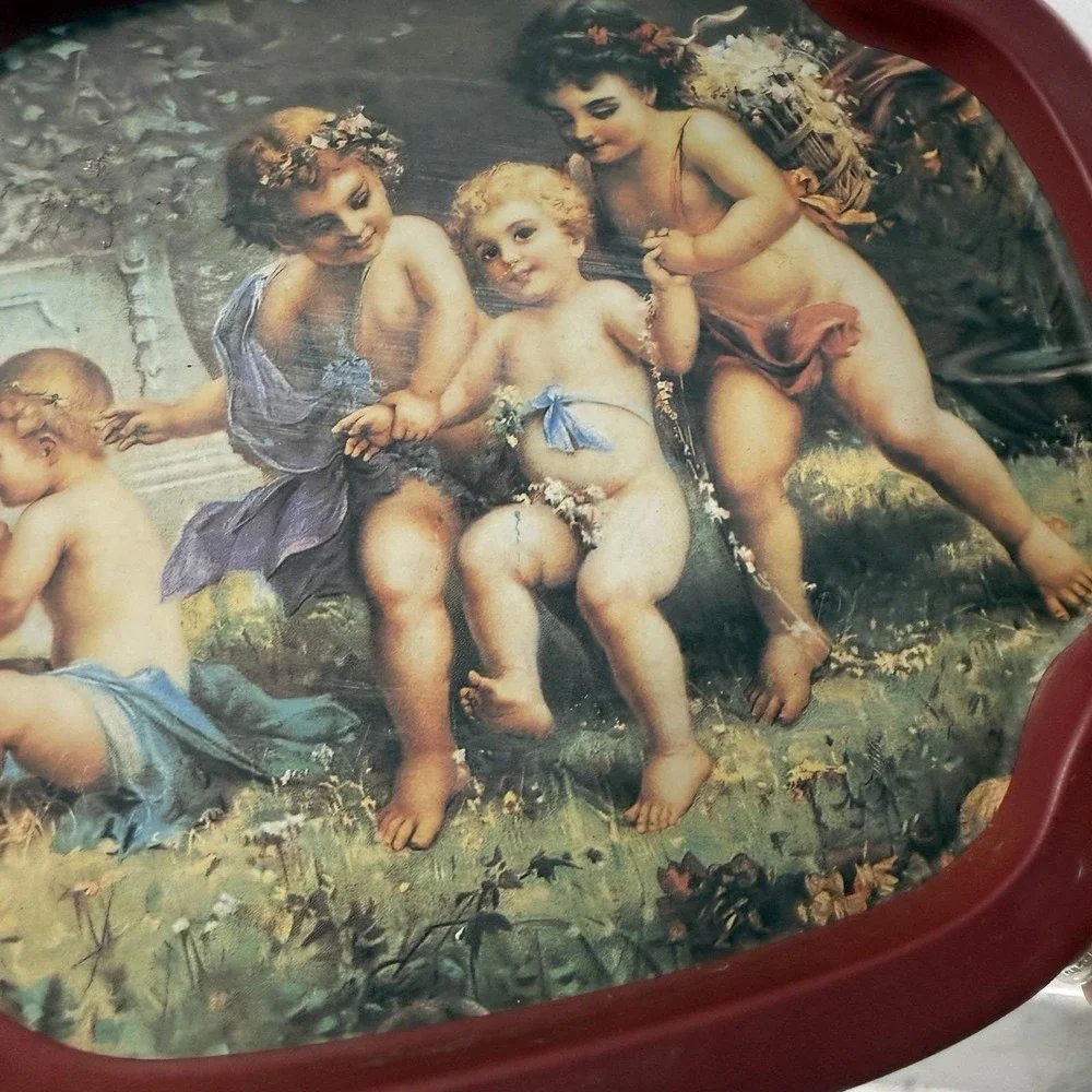 Vintage Angelic Cherub Victorian Style Metal Tray Floral Rectangular 6x8
